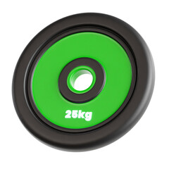 A single green and black weight plate with twenty five kilograms written on it for fitness training