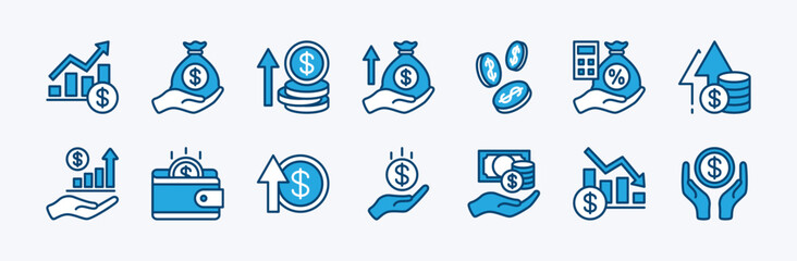 Set of revenue icon. Contains finance, profit, growth arrow, money, income, savings, earnings, salary, cash, bonus, payment, currency, decline chart, accounting, bank, market. Vector illustration