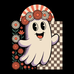 design features a cartoon ghost with a surprised expression, wearing a floral crown. 