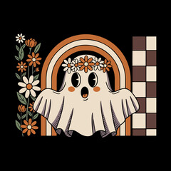 design features a cartoon ghost with a surprised expression, wearing a floral crown. 