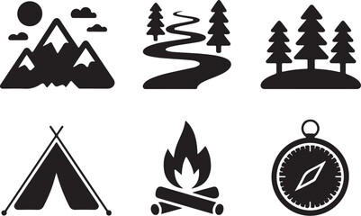 Adventure icons mountains, trees, campfire, tent, compass