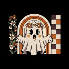 design features a cartoon ghost with a surprised expression, wearing a floral crown. 