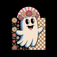 design features a cartoon ghost with a surprised expression, wearing a floral crown. 