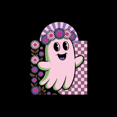 design features a cartoon ghost with a surprised expression, wearing a floral crown. 