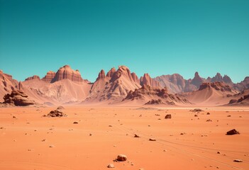 Obraz premium Vast desert landscape with towering rock formations under a clear blue sky.