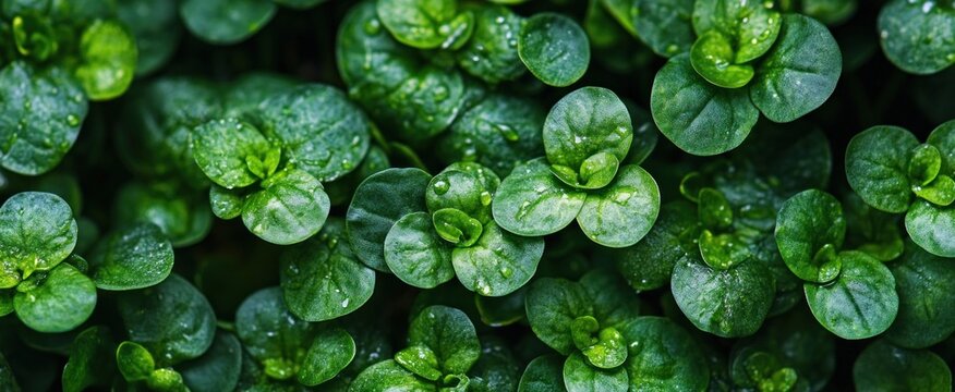 Lush Green Foliage with Sparkling Water Droplets, Vibrant Macro Nature Close-up