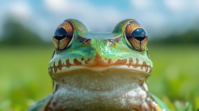 Colorful frog sits on green grass under a blue sky with fluffy clouds during a sunny day in a natural outdoor setting