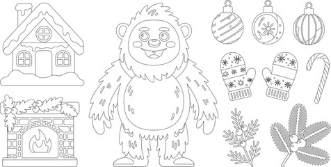 Fototapeta premium Yeti, Gingerbread House, Christmas Ornaments and More An Outlined Festive Coloring Page for Winter Fun