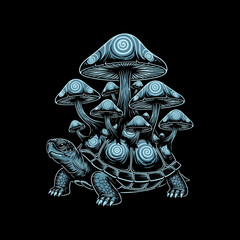  a black and white illustration of a turtle with a cluster of mushrooms growing on its shell. This type of imagery is often used in tattoos, apparel, and as phone wallpapers