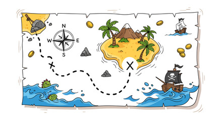 Whimsical quest on an animated pirate map illustration for playful treasure searching