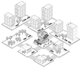 A wireframe town illustration features numerous buildings, trees, and a detailed ice cream shop, all in black and white on a plain white background.
