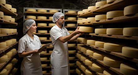 Artisanal Cheese Production Meticulous Craftsmanship and Dairy Excellence Cheese Aging Cellar Workers Inspecting and Maintaining Quality Farm Fresh Cheese Inventory