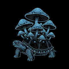  a black and white illustration of a turtle with a cluster of mushrooms growing on its shell. This type of imagery is often used in tattoos, apparel, and as phone wallpapers