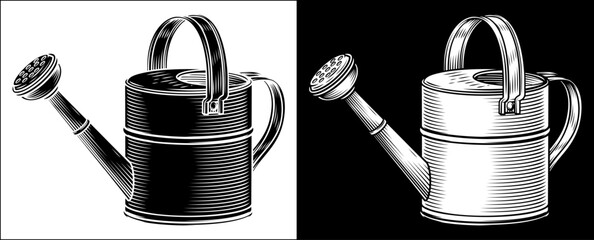 Vintage woodcut style illustration of a gardening watering can garden spade tool © Christos Georghiou