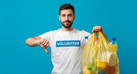 Earth Day Advocate A Young Man Passionate About Environmental Issues Holds A Bag Of Recyclable Waste With Thumbs Down A Call To Action For A Cleaner World And Better Future