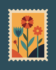 Colorful flower illustration on a postage stamp, showcasing vibrant floral design and botanical art