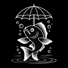 black and white illustration of a fish holding an umbrella while standing in water. It is a vector illustration often used for stock photos, t-shirt designs, or other graphic art