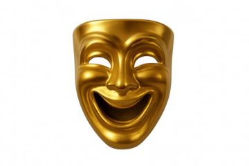 Golden comedy mask representing theater, acting, and happiness, showing a smiling face with transparent background