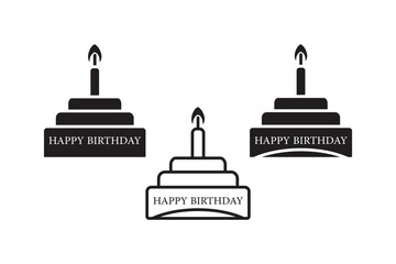 A collection of three birthday cake vector icons, featuring tiered cakes with candles and a “Happy Birthday” text banner. Variations include solid and outline styles with different banner designs.