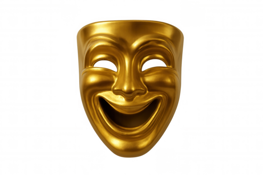Golden comedy mask representing theater, acting, and happiness, showing a smiling face with transparent background