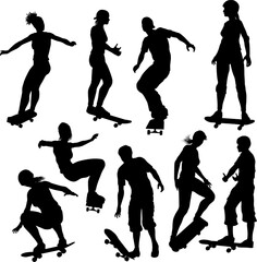A set of skateboarders women and men or girls and boys, male and female skateboarders in silhouette.