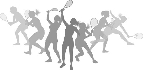 Silhouette Tennis players set. Active sports people healthy players fitness silhouettes concept.