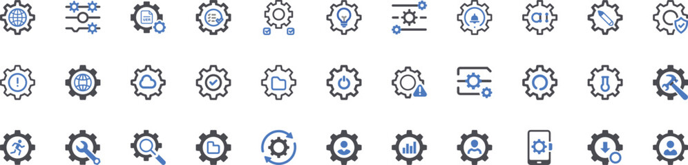 Collection of gear and settings icons for digital interfaces and applications vector