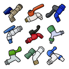colorful plastic water faucet collection illustration set