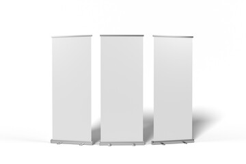 Set of three blank white roll up banner stand mockups from different angles. Isolated on transparent background, png
