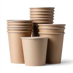 A stack of recyclable paper cups. The cups are arranged in a neat and organized manner