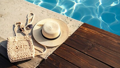 Summer accessories by the pool hat bag sunglasses.