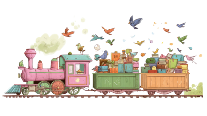 A colorful cartoon toy train featuring a pink engine and a green carriage perfect for children’s artwork on white background