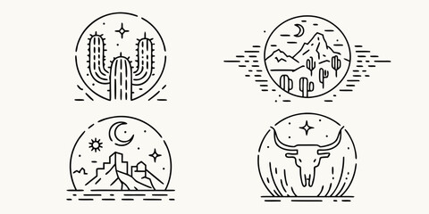 Set of four minimalist line art circular icons depicting desert landscapes and wildlife with a cactus mountains moon sun and bull skull