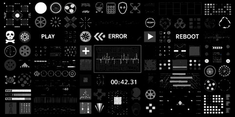 Fototapeta premium Futuristic digital interface elements and icons on a dark background with glitch effects
