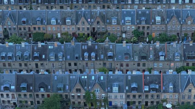 Overhead of Kartoffelraekkerne dense terraced homes in straight lines.