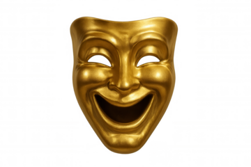 Golden comedy theater mask smiling, symbolizing happiness, performance, humor, entertainment, and acting on transparent background