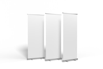 Photo of Three Tall White Retractable Banners with Silver Poles and Black Bases – Transparent Background