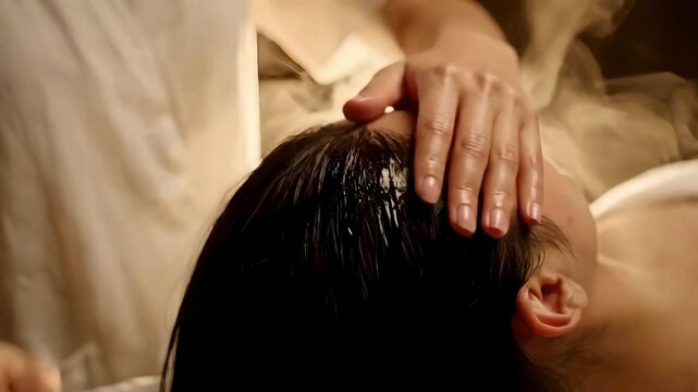Relaxing head massage and hair oil treatment with steam at a luxury spa salon