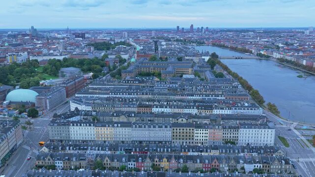 Drone panorama across Kartoffelraekkerne, historic row-house district.