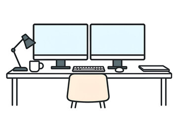Stylish modern office setup with computer monitors keyboard lamp and stationery clean minimal design for productivity and business themes