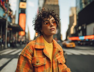 Stylish woman with sunglasses confidently navigates Times Square, embodying urban chic and modern sophistication in the vibrant city atmosphere