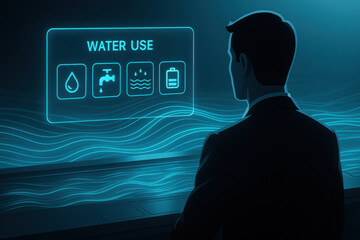AI water dashboard traceability analytics data visualization smart monitoring blue glow futuristic interface business sustainability