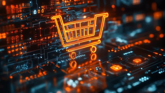 Digital shopping cart icon surrounded by glowing circuitry in a futuristic digital landscape at night - Powered by Adobe