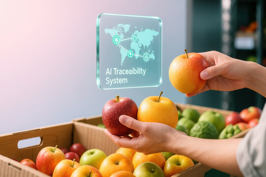 AI traceability system fresh produce supply chain food safety digital label barcode orchard harvest apple crate. Hands compare apples with digital - Powered by Adobe