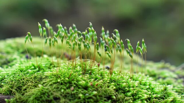 Macro Timelapse of Moss Sporophytes Growing in a Forest