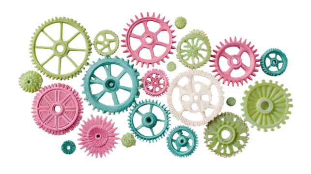 A collection of pink green and blue cogwheels of varying sizes showing mechanical parts arrangement on white background - Powered by Adobe