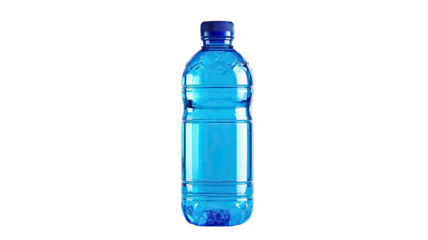 A clear blue plastic bottle with a cap standing upright showing clean transparent container on white background