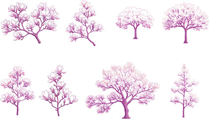 Obraz premium Pink floral tree and branch illustrations in botanical sketch style, perfect for spring themes, floral designs, and elegant vector artwork.