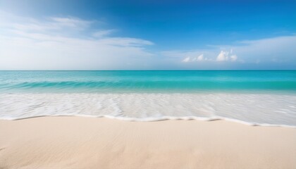 Obraz premium Minimalistic Beach Background Featuring White Sand In Sharp Focus With A Blurred Turquoise Ocean And Sky In The Distance The Soft Bokeh Effect Creates A Dreamy Calm Atmosphere Ideal For Summer Theme