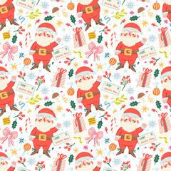 Christmas seamless pattern with Santa Claus, gifts, bow, and ornaments for wallpaper and wrapping paper